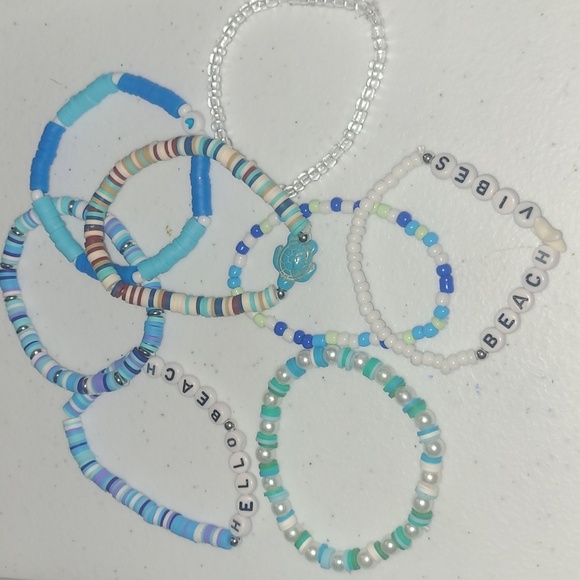 8 Beach Vibes Beaded Bracelets Set Stackable Boho Charm Stack Blue Lagoon Heishi - Picture 3 of 6